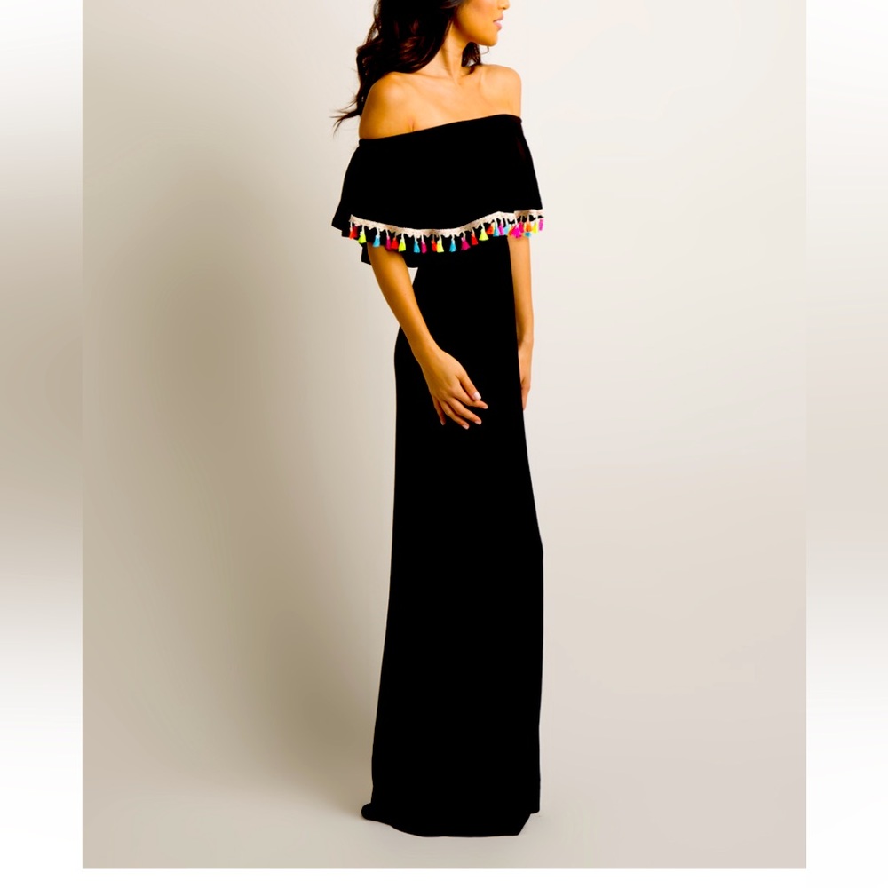 Black Tassel-Trim Off-Shoulder Maxi Dress M